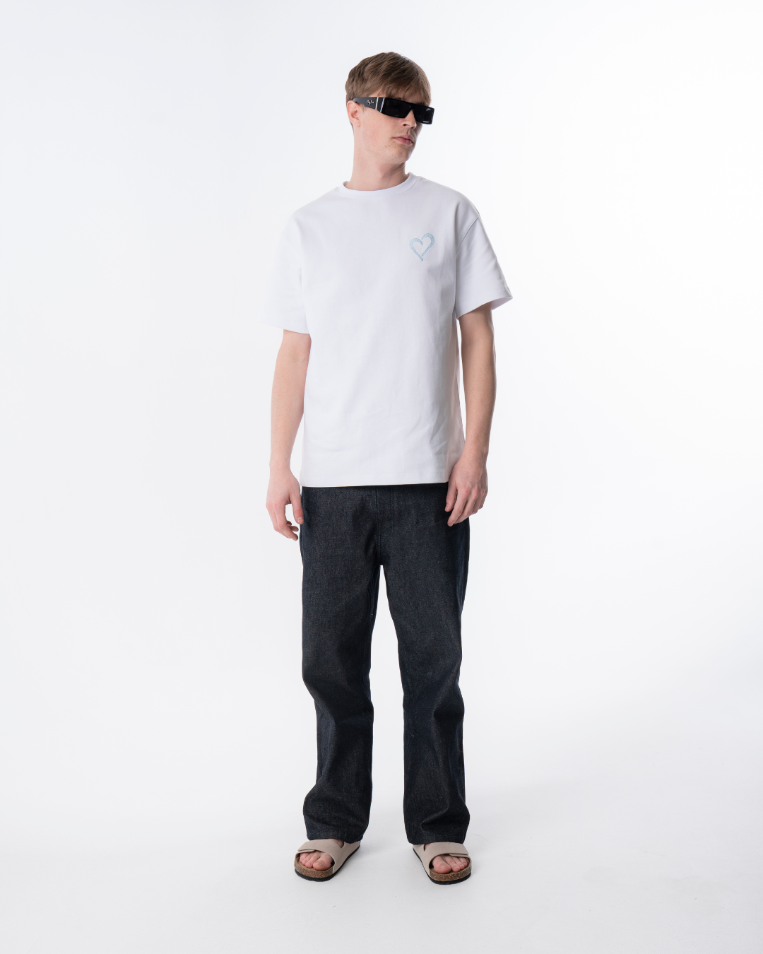 Heavyweight T-Shirt with Light Blue Heart - White