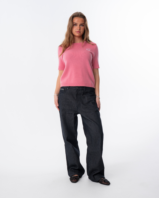 Short Sleeve Merino Knit Small Collar - Pink